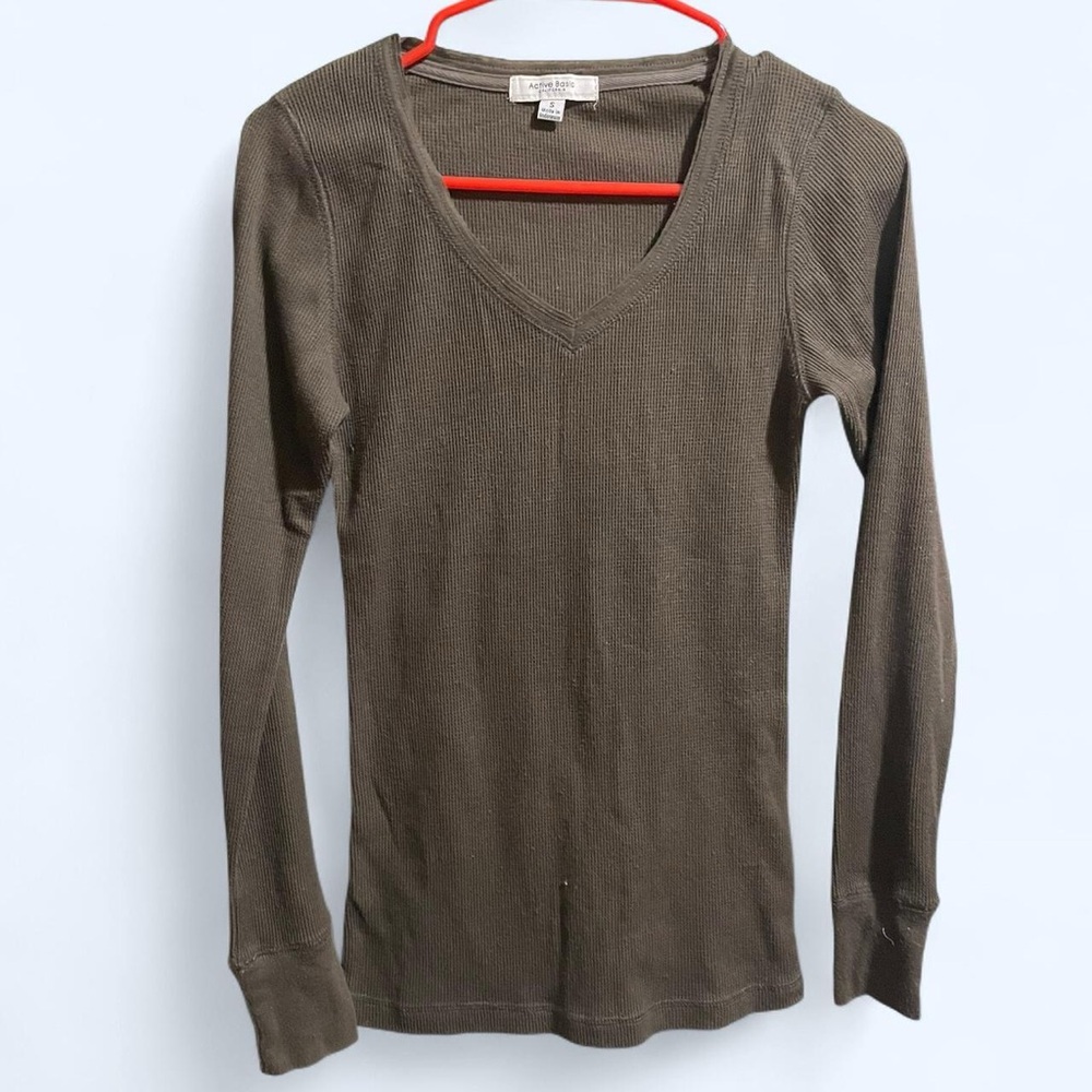 Active Basic Brown V-Neck Long Sleeve Thermal Top